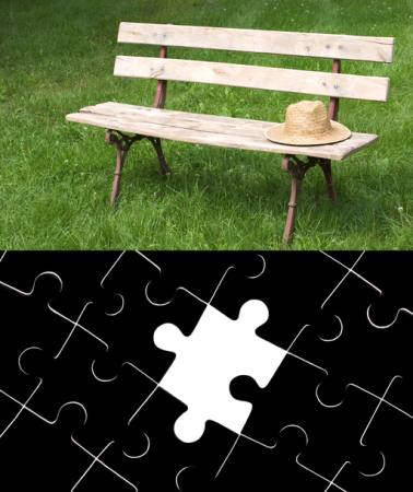 puzzle, lavice, klobouk, zeleným, trávě Ruslan Grechka - Dreamstime