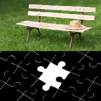 Pixwords Obraz s puzzle, lavice, klobouk, zeleným, trávě Ruslan Grechka - Dreamstime