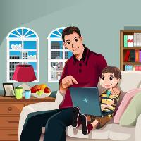 Pixwords Obraz s dítě, dítě, otec, rodina, laptop, lampa, okna, úsměvu Artisticco Llc - Dreamstime