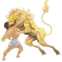 Pixwords Obraz s lev Hercules, žlutá, boj, zvířata Christos Georghiou - Dreamstime