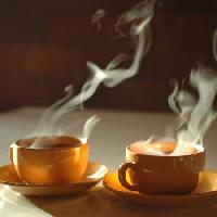Pixwords Obraz s horké, káva, káva, kouř, poháry Sergei Krasii - Dreamstime